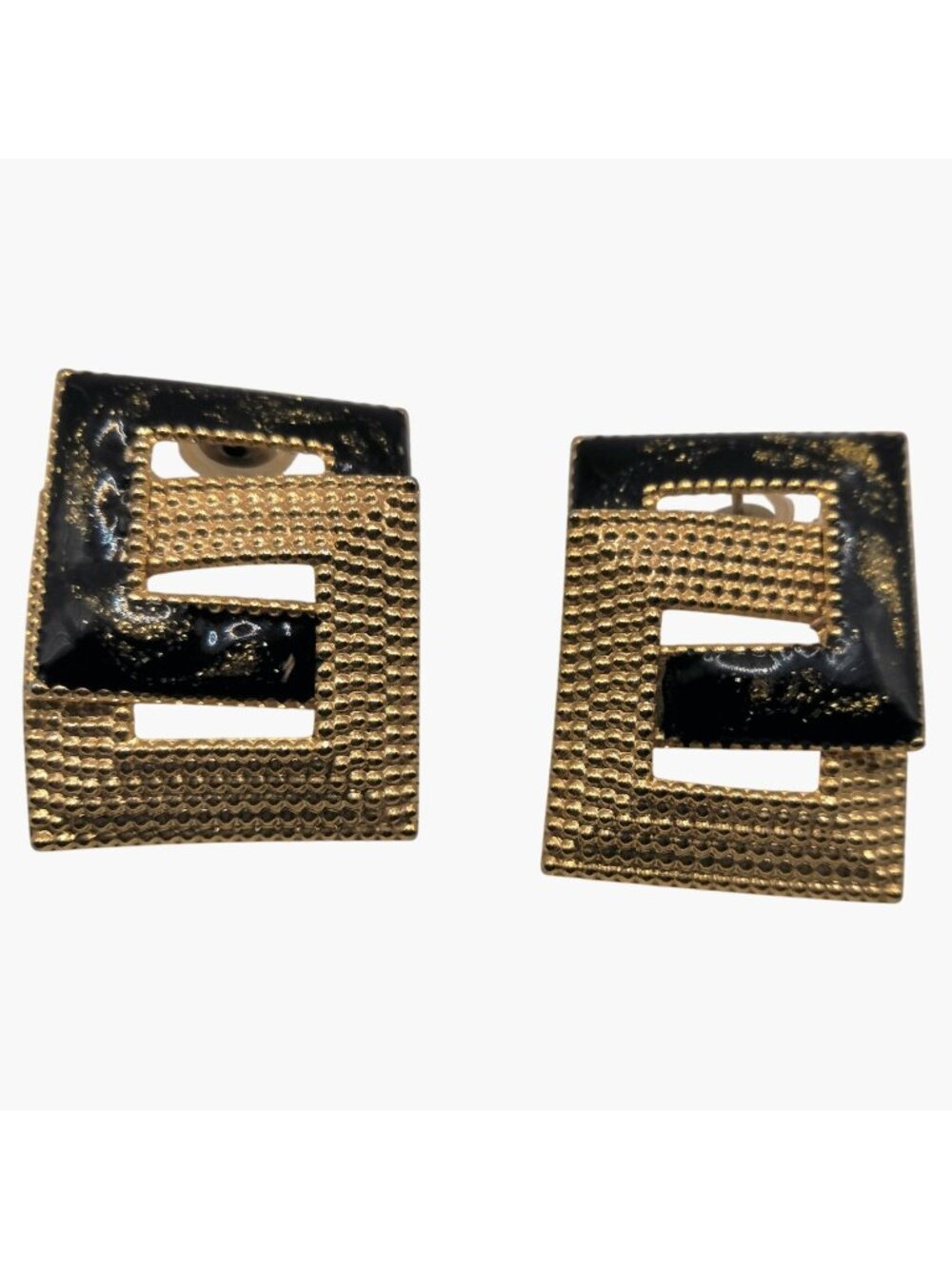 Vintage Gold Black Earrings Geometric Square Post